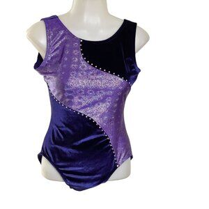 Purple & Navy Velvet‎ Leotard  Shimmering Panels Rhinestone Accents Adult Sz L